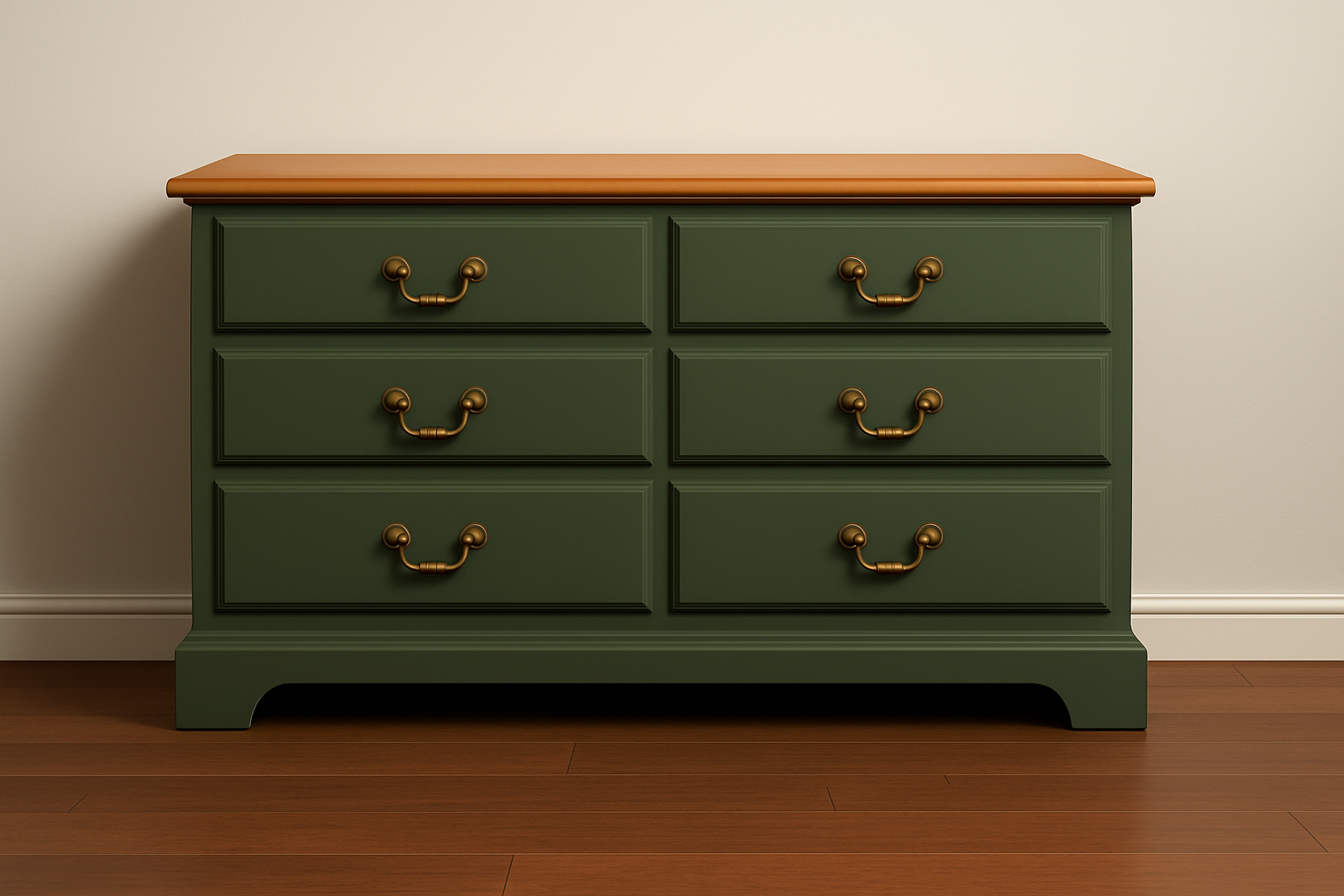 Oak dresser refinished in Olive — wood top preserved — after