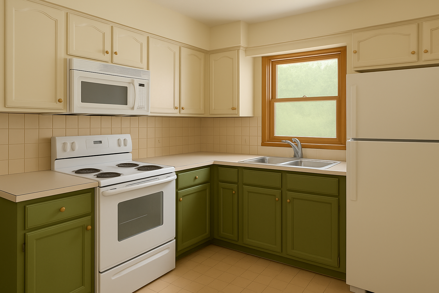 Two-tone kitchen: cream uppers, olive lowers — after